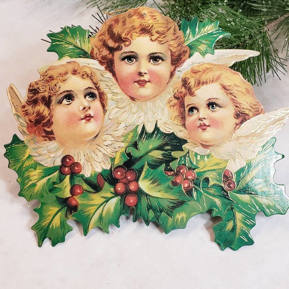2 Shackman & Co Triple Angels Cardboard hanging Vintage Christmas Ornaments 1993 - Picture 9 of 11